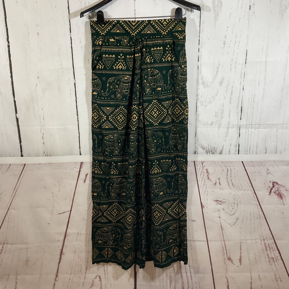 Earthbound Trading Green‎ Gold Elephant Print Wide Leg Boho Harem Pants Womens M